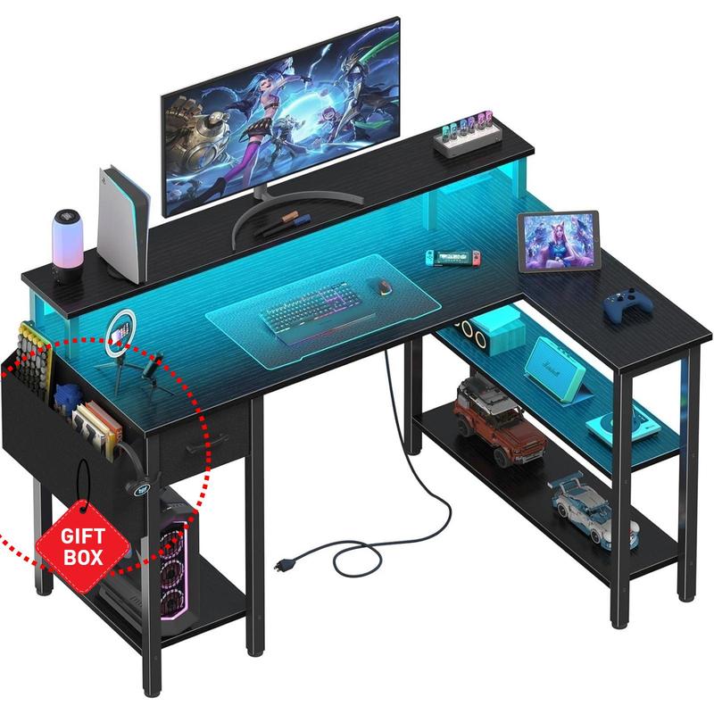 Lufeiya White L Shaped Gaming Desk with Fabric Drawers and Storage Shelves, 47 inch Home Office Desk with Monitor Stand, Computer Desk with LED Lights and Power Outlets, White, Get Free Gift