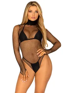 Leg Avenue Tell Me More Fishnet Bodysuit - Black, Stretchy Breathable Fabric, High Neck Collar, Snap Crotch, Casual Layering, Women's Festival Fashion