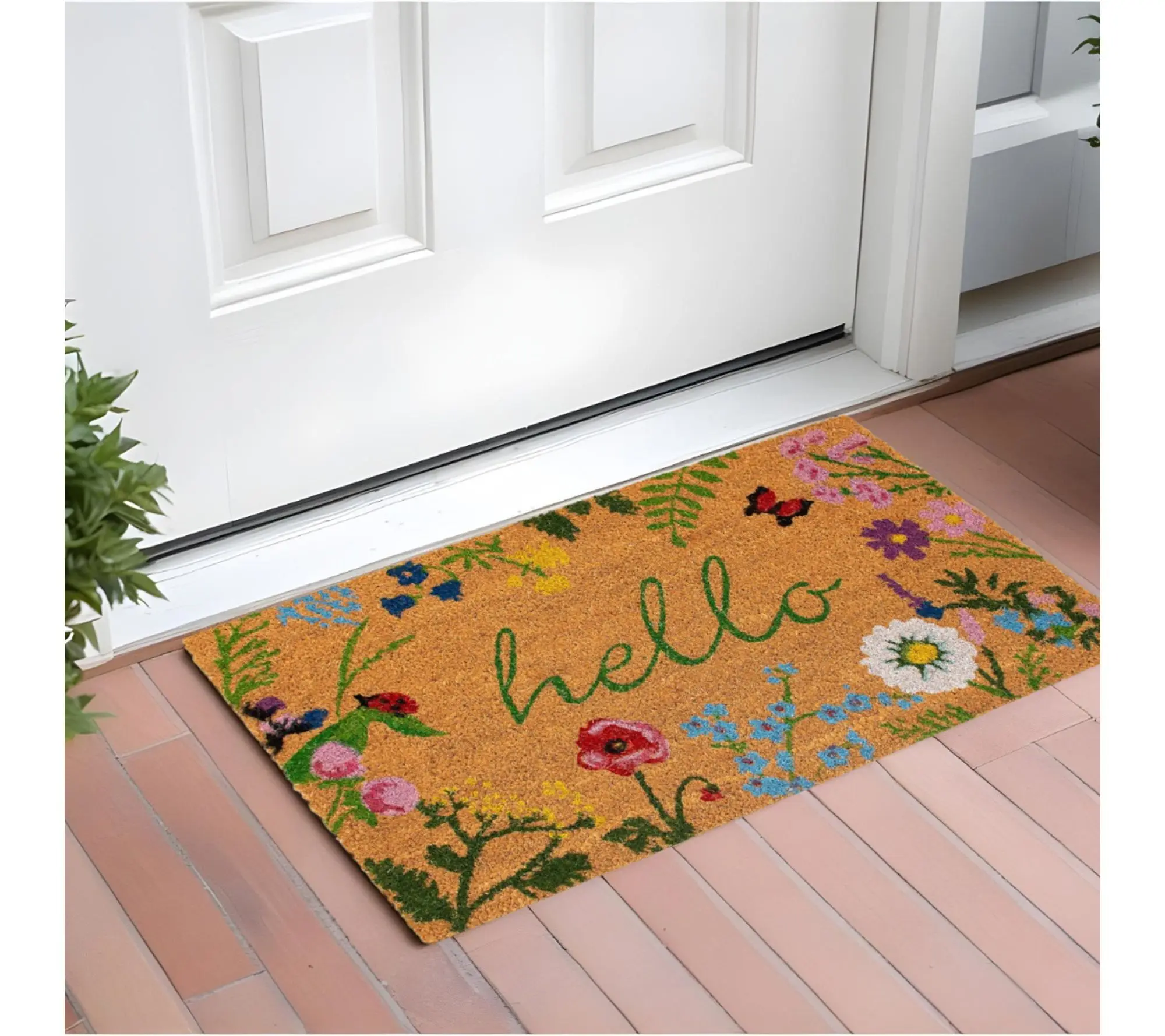 HomeRoots 24" X 36" Natural & Green Floral Hello Door Mat HomeRoots 24" X 36" Natural & Green Floral Hello Door Mat