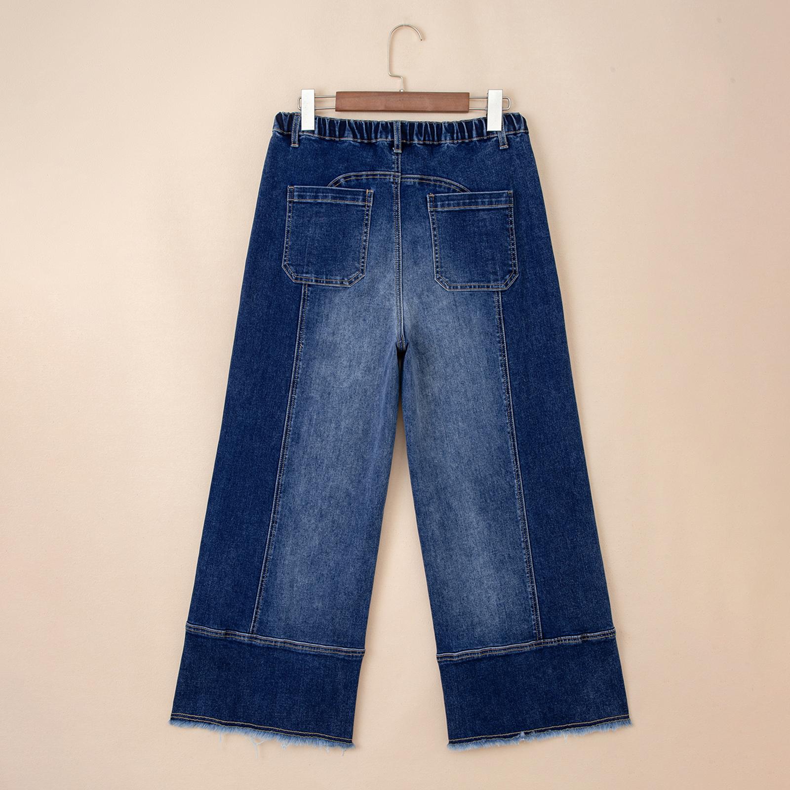Women’s Drawstring High Waist Patched Big Pockrt Raw Hem Seam Detail Casual Wide Leg Denim Pants for Dailywear