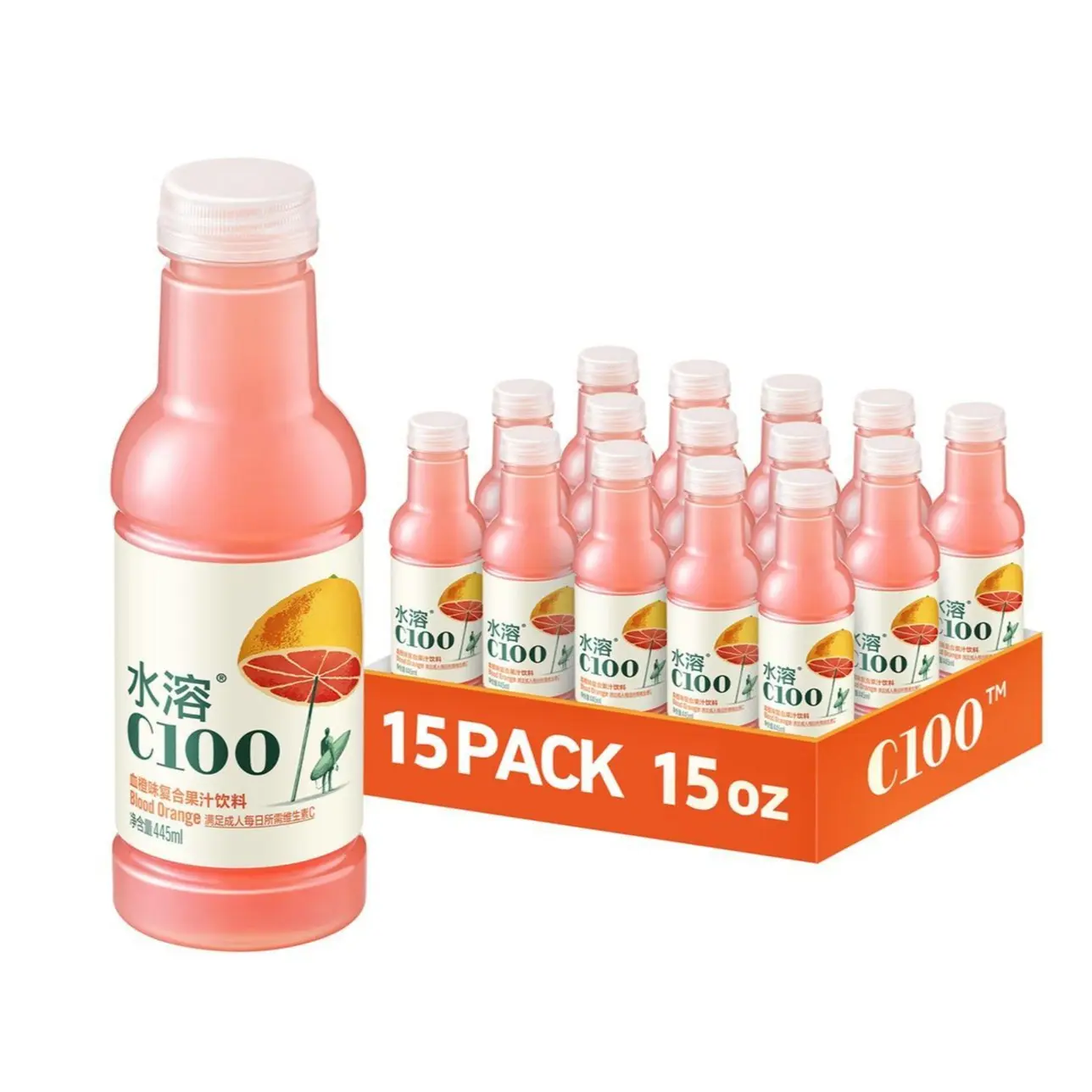 C100 Flavored Mixed Fruit Juice Beverage - 100mg Vitamin C for Immune Support, 12% Real Juice, 4 Flavors (Blood Orange, Grapefruit, Lemon, Green Tangerine), 15 fl oz Each, 15-Pack Sports & Energy Drink