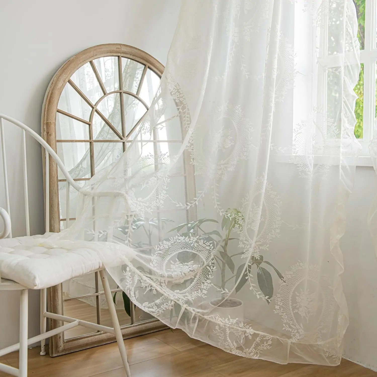Ivory Lace Curtains 84 Inches Long 2 Set, Sheer Panels Rose Floral Embroidery Vintage Voile Window Treatment Pair for Bedroom Living Room, Retro Christmas Decor Rod, W57 x L84