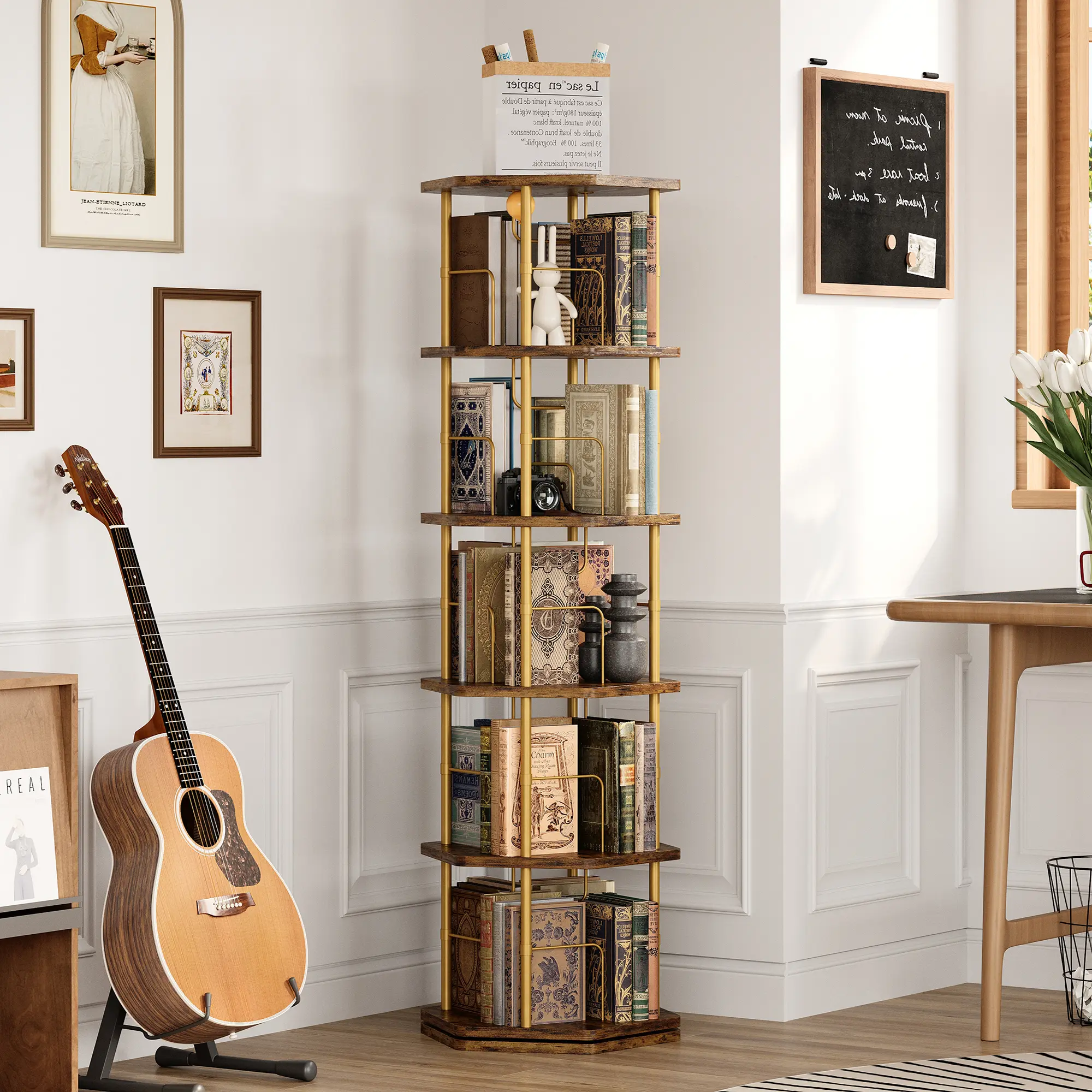 【5-Tier 360 Rotating】 IRONCK Floor-Standing Bookcase, Multi-Level Wooden Storage Organizer Rack, Easy-Setup Spinning Bookshelf for Home & Office Display