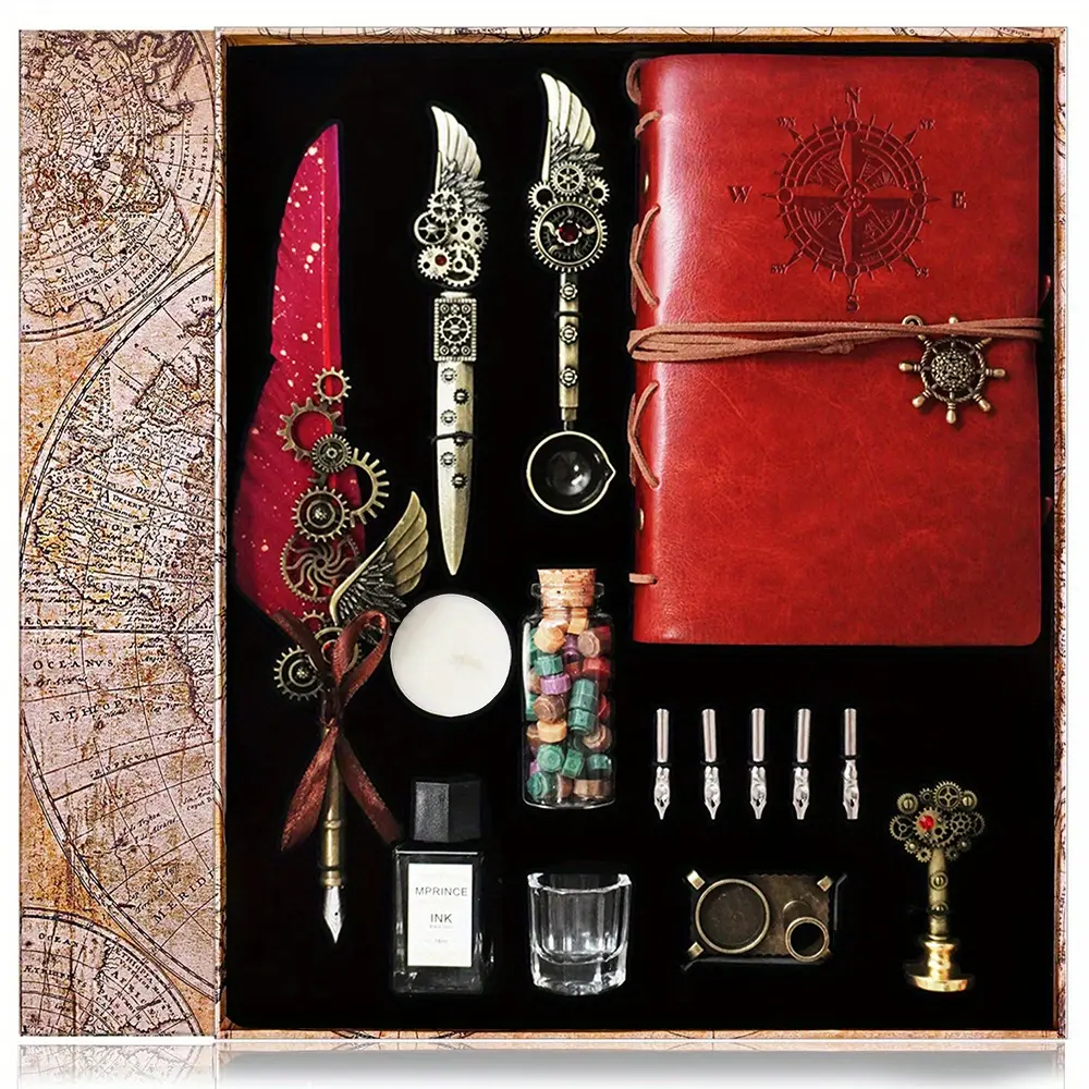 Vintage Unisex Mechanical Quill Pen & Wax Seal Stamp 1 Kit - Quill Dip Writing Supplies with Feather Pen, Letter Opener, Metal Tools, Artistic Writing and Drawing Set, Ideal Gift for Students, Office Use, Thanksgiving
