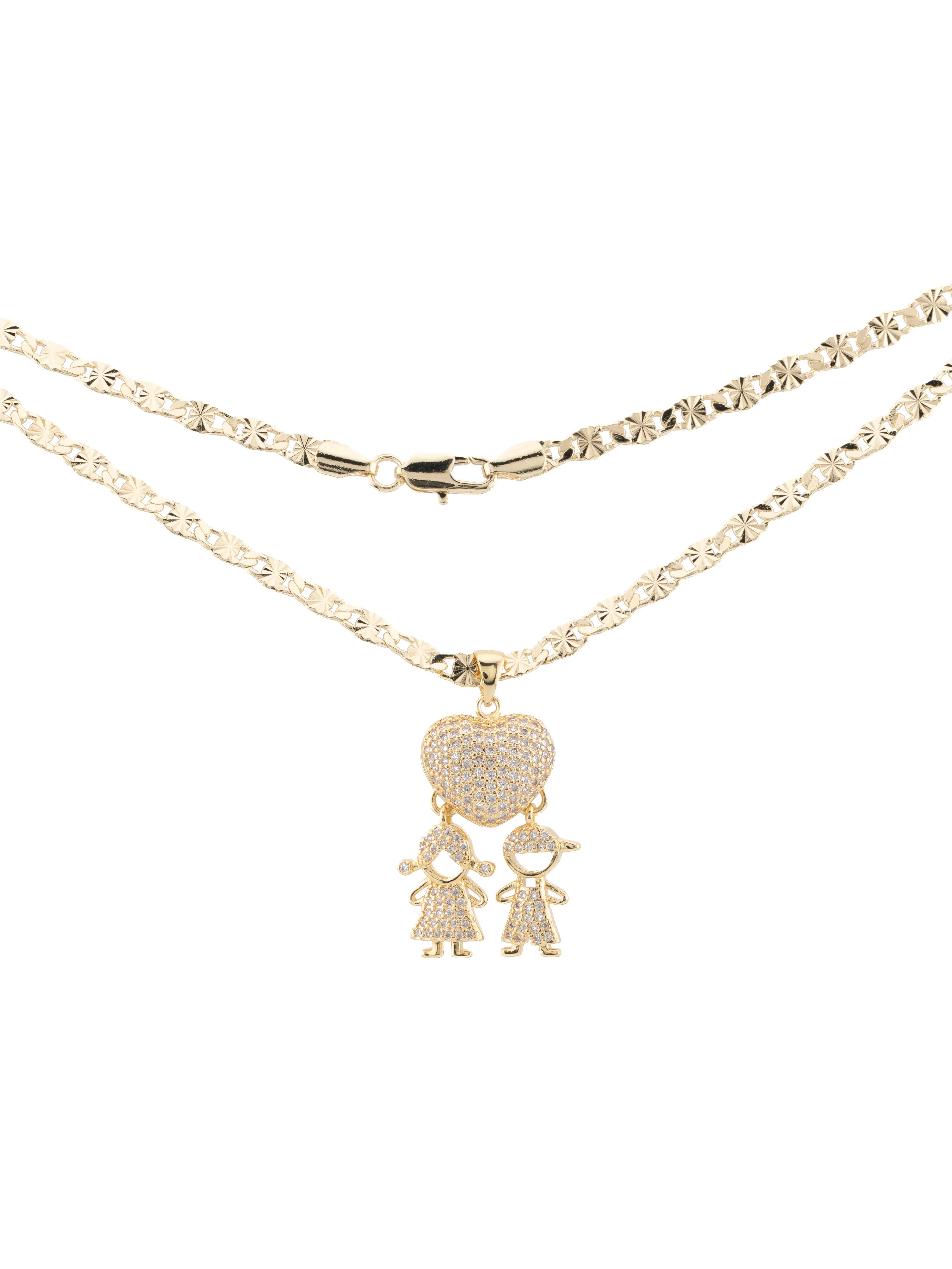 Women's Gold-Plated Heart-Shaped Pendant Necklace with Children Silhouettes, 18-in or 24-in Chain Included, Valentine's Day Meaningful Gifts for Mom, Gold Necklace