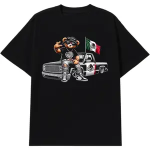 Mexican Bear Graphic Tee – Men’s Oversized Streetwear T-Shirt with Flag & Truck Print, Trendy Vintage Outfit for Casual Fits & Gifts Crewneck Menswear......
