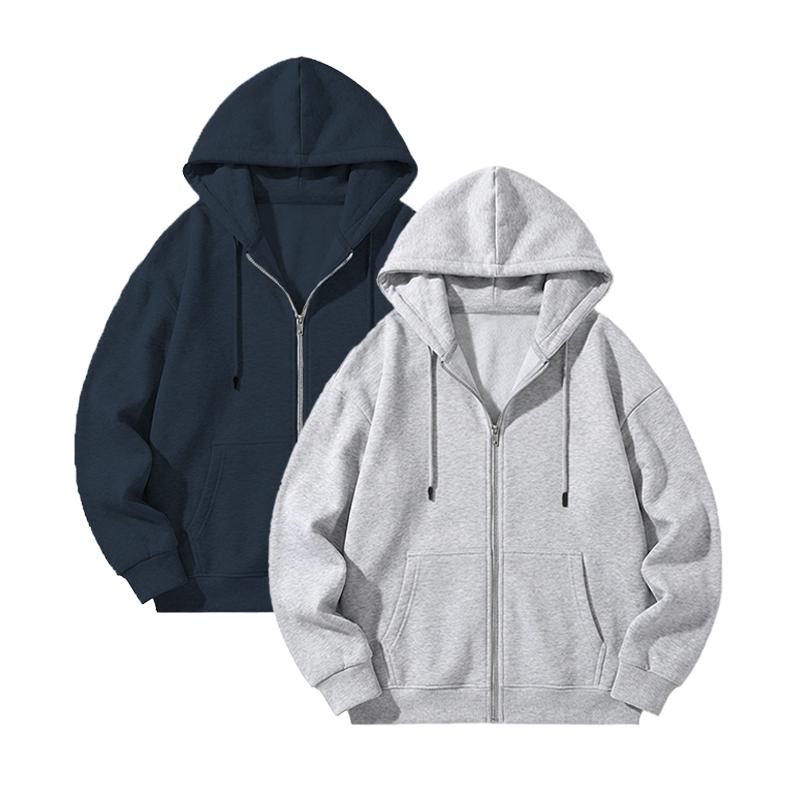 Men's solid-color full-zip shoulder-down hooded sweater, regular version casual long-sleeved hooded sweatshirt, suitable for autumn and winter wear, daily wear men's clothing