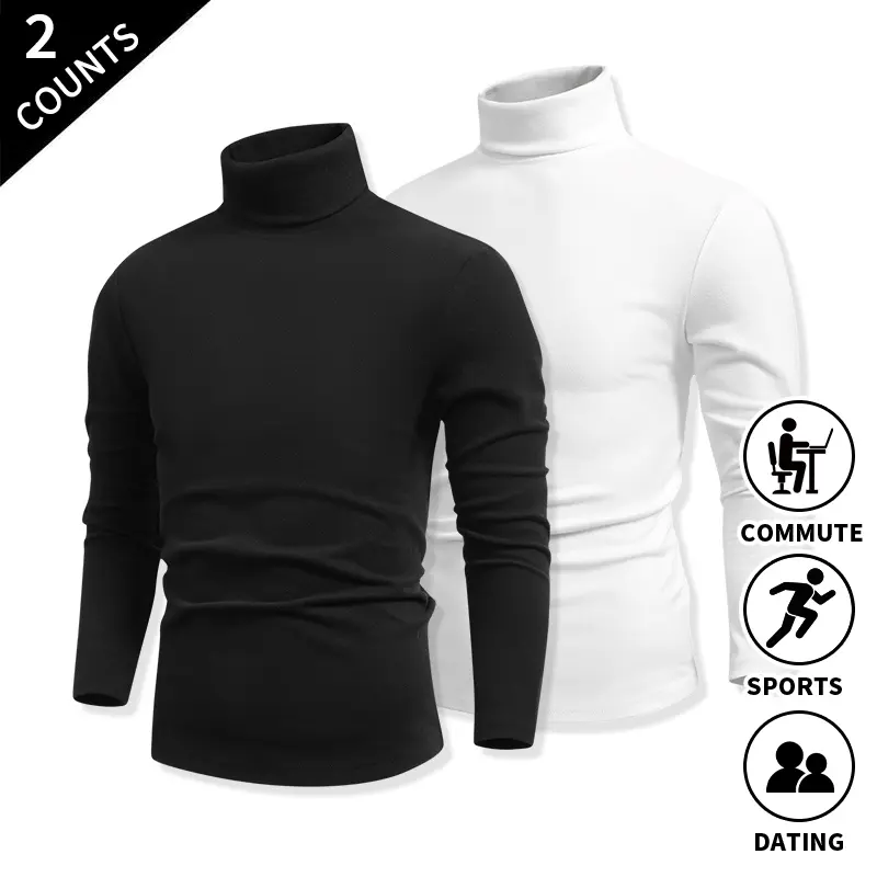 Men’s Turtleneck Long Sleeve Shirts – 2-Pack, Thermal Base Layer Slim Fit Undershirts, Casual Sportswear for Daily Commuting