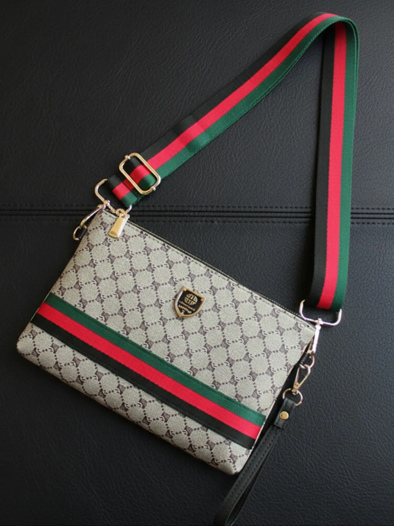 Men's Wrist Strap Crossbody Bag, Adjustable Shoulder Strap, Fashionable Plaid Design, Large Capacity, Portable Side Pocket, All Seasons, Checked Crossbody Bag, Chic Crossbody Bag, Casual Crossbody Bag, Checkered Crossbody Bag, PU Leather Crossbody