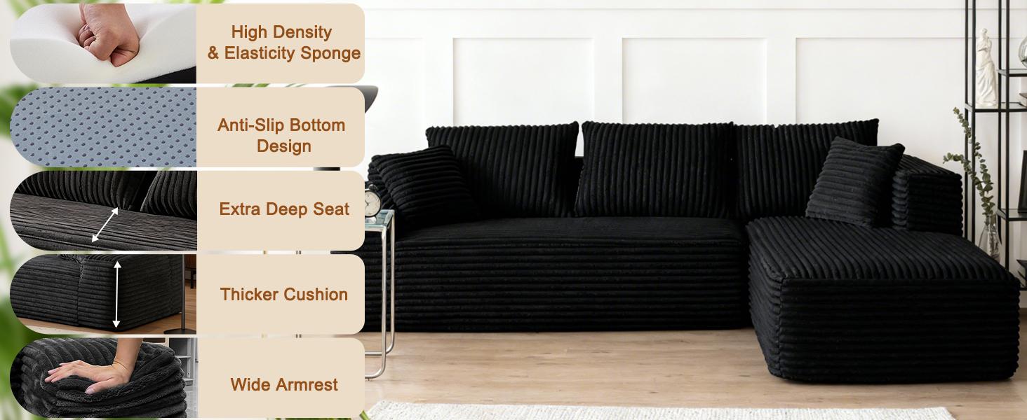 【2Package Delivery】AVENIX Boneless Sectional Couch - Modular Cloud Sofa for Living Room, Soft Corduroy Sofa with Deep Seat & Throw Pillows, Cloud Sectional Couches for small space couch, Sofas Para Sala - No Assembly Required Sofa Bed Couch.