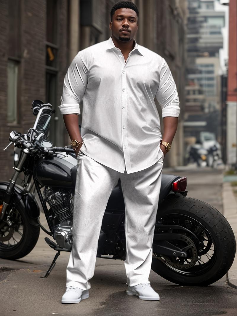 Men's Casual Long Sleeve Shirt & Stretch Trousers Set - Solid Color Relaxed Fit, Soft Rich Texture for Fall Fashion, Office Work & Daily Comfort Men's Casual Long Sleeve Shirt & Stretch Trousers Set - Solid Color Relaxed Fit, Soft Rich Texture for Fall Fashion, Office Work & Daily Comfort