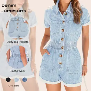 Imily Bela Women's Short Sleeve Denim Rompers Cotton Utility Button Up Elastic Waist Short Jumpsuits