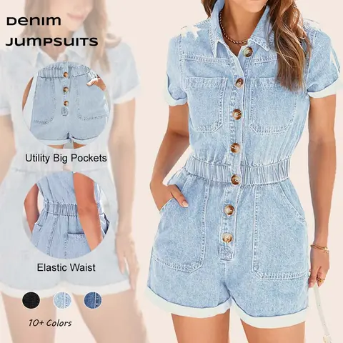 Imily Bela Women's Short Sleeve Denim Rompers Cotton Utility Button Up Elastic Waist Short Jumpsuits