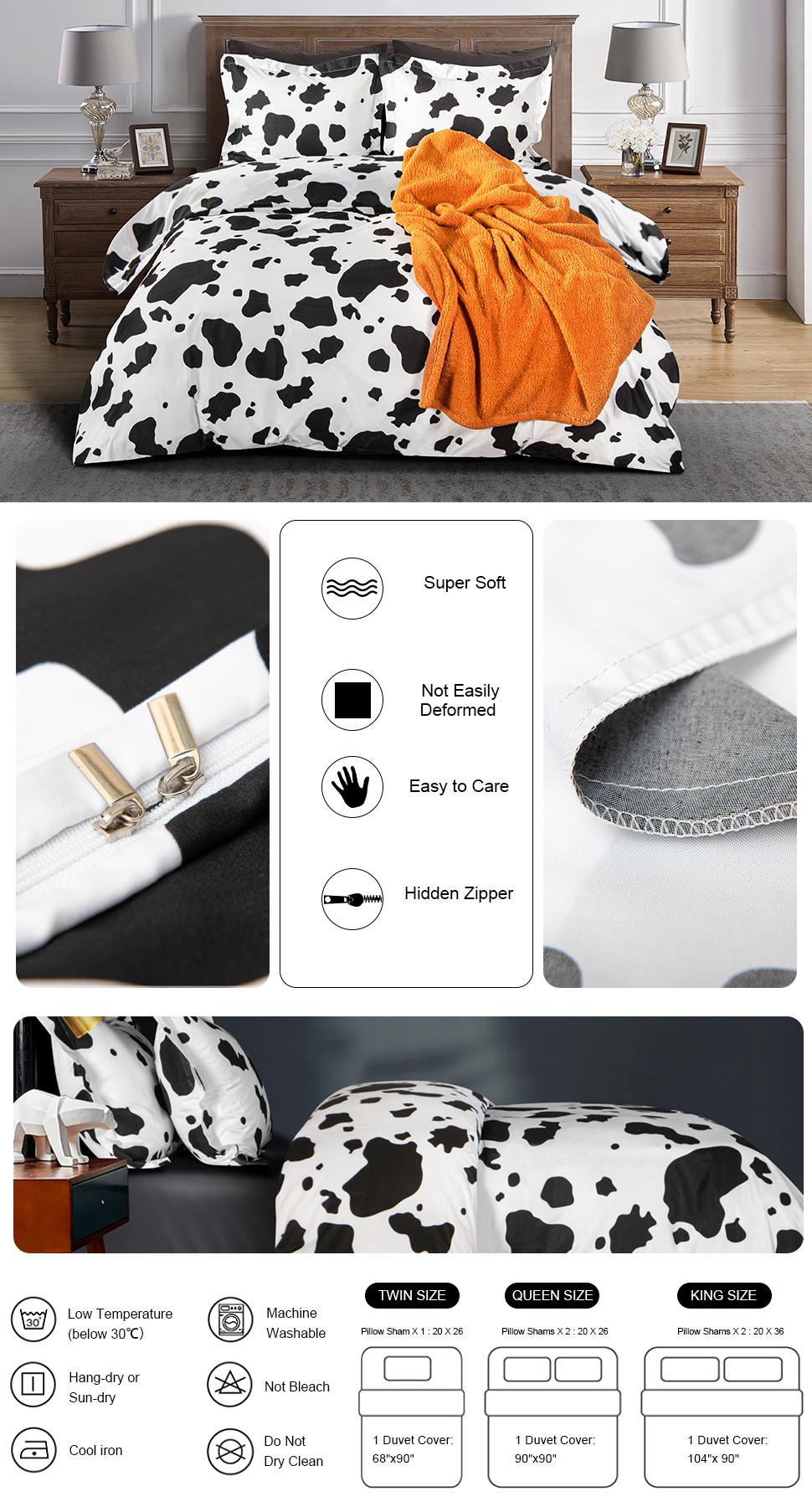 Bedsum Microfiber Duvet Cover set, Ultra Soft Cow Printed Conforter Cover Set with Zipper and Corner Ties