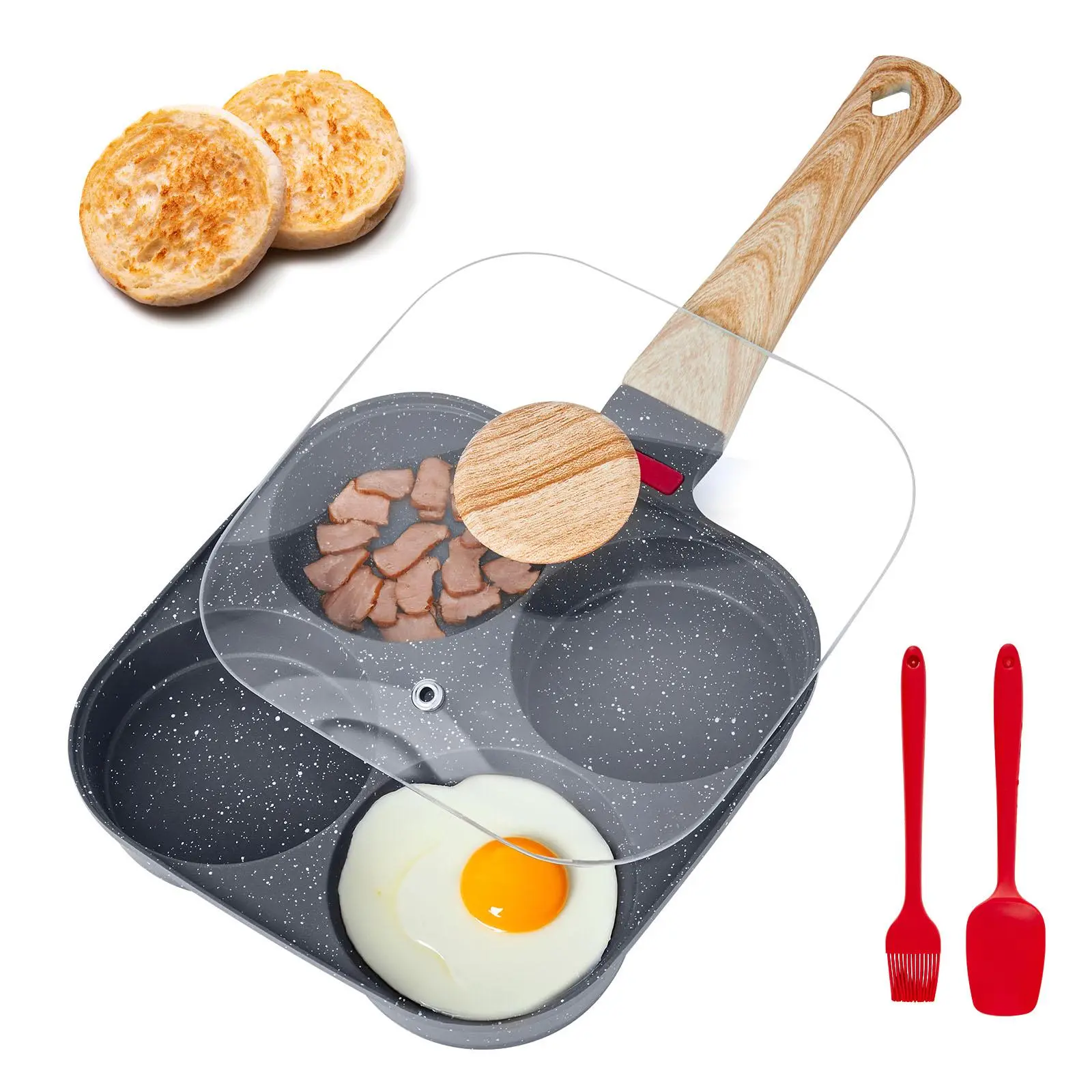 VEVOR 4-Hole Nonstick Frying Egg Pan & Omelette Skillet, 4-Cup Breakfast Pan with Temperature Warning, Aluminum Body, Lid, Oil Brush, Scraper, Silicone Handle, Induction & Gas Stovetop Compatible Home Cookware, Omelette Pan