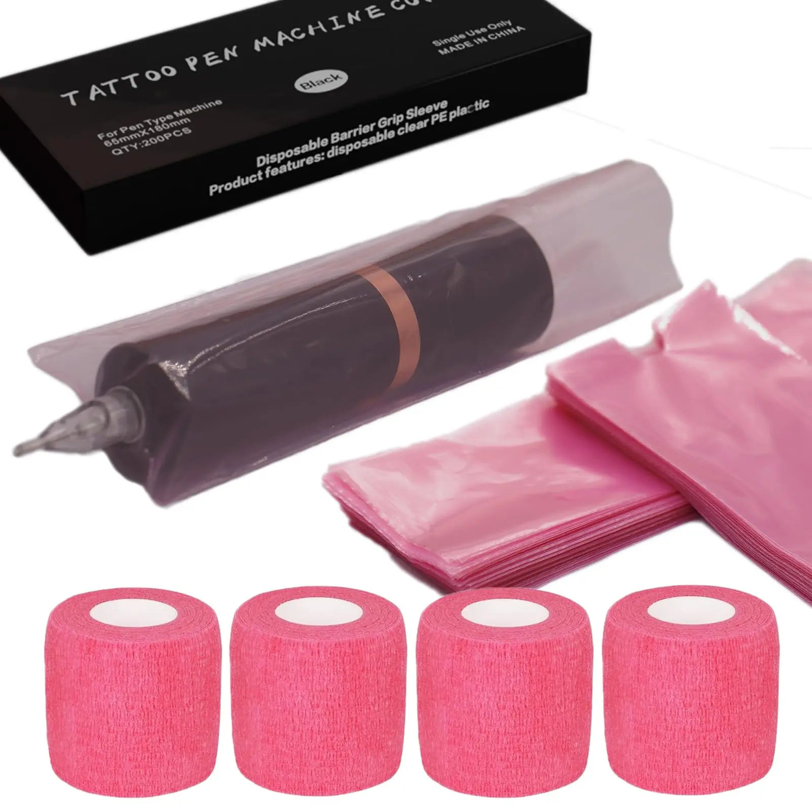 204-Piece Tattoo Equipment Supply Kit Set: 200 Large Pink Pen Covers (7.09in x 2.56in), 4 Rolls Self-Adhesive Breathable Wrap Elastic Grip Tape for Tattooing, High-Quality Elastic Fabric, Protection, Long Lasting, Time & Money Saving