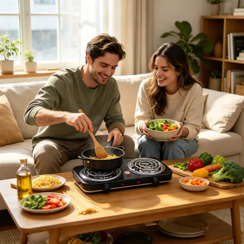 Corded Metal Rectangular Electric Hot Plate - 2000W Adjustable Temperature Dual-Burner Heat Cooktop, 16.5x7.87" Portable for Kitchen, Apartments, Camping Use, Couples, Family, Flat‑Bottom Cook, Fry/Sauté 2 Meals