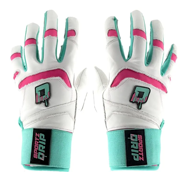 Sportz Drip Genuine Leather Batting Gloves, White & Pink Unisex Youth/Adult Baseball & Softball Gear with Padded Secure Cuff, Multi-Size, Hand Wash Only, baseballequipment for Intense Games
