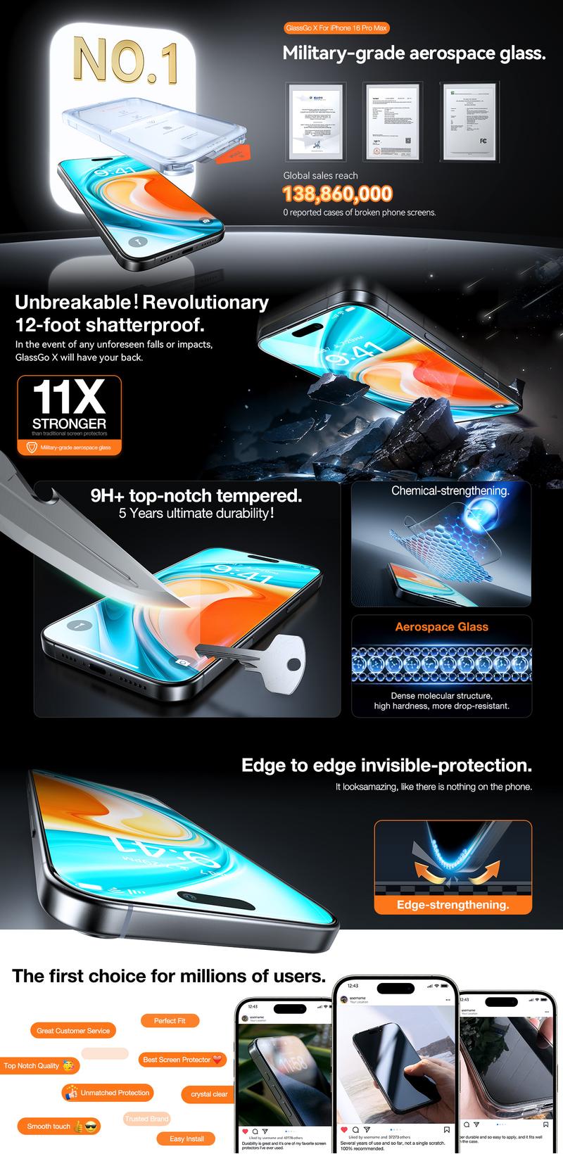 TORRAS Diamond Shield for iPhone 17/16/15 Pro Max Screen Protector [Military-Grade Protection] 9H+ Unbreakable Shatterproof Aerospace Tempered Glass Full Coverage InstaFit Shockproof Cellphone