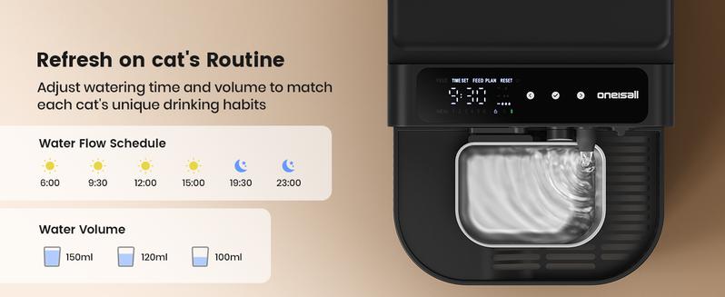 Oneisall Filterless Cat Water Fountain | 3.5L Automatic Stainless Steel Pet Dispenser with Separated Clean & Waste Tank, 2000mAh Battery (64-113 Days Runtime), Cordless, Detachable Easy-to-Clean Bowl, Scheduled Water Change (Up to 6x Daily)