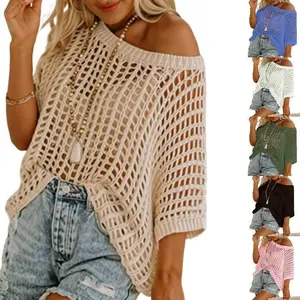 Womens Summer Scoop Neck Short Sleeve Sweater Casual Crochet Hollow Out Knit Tops Pullover Shirts Beach Coverup