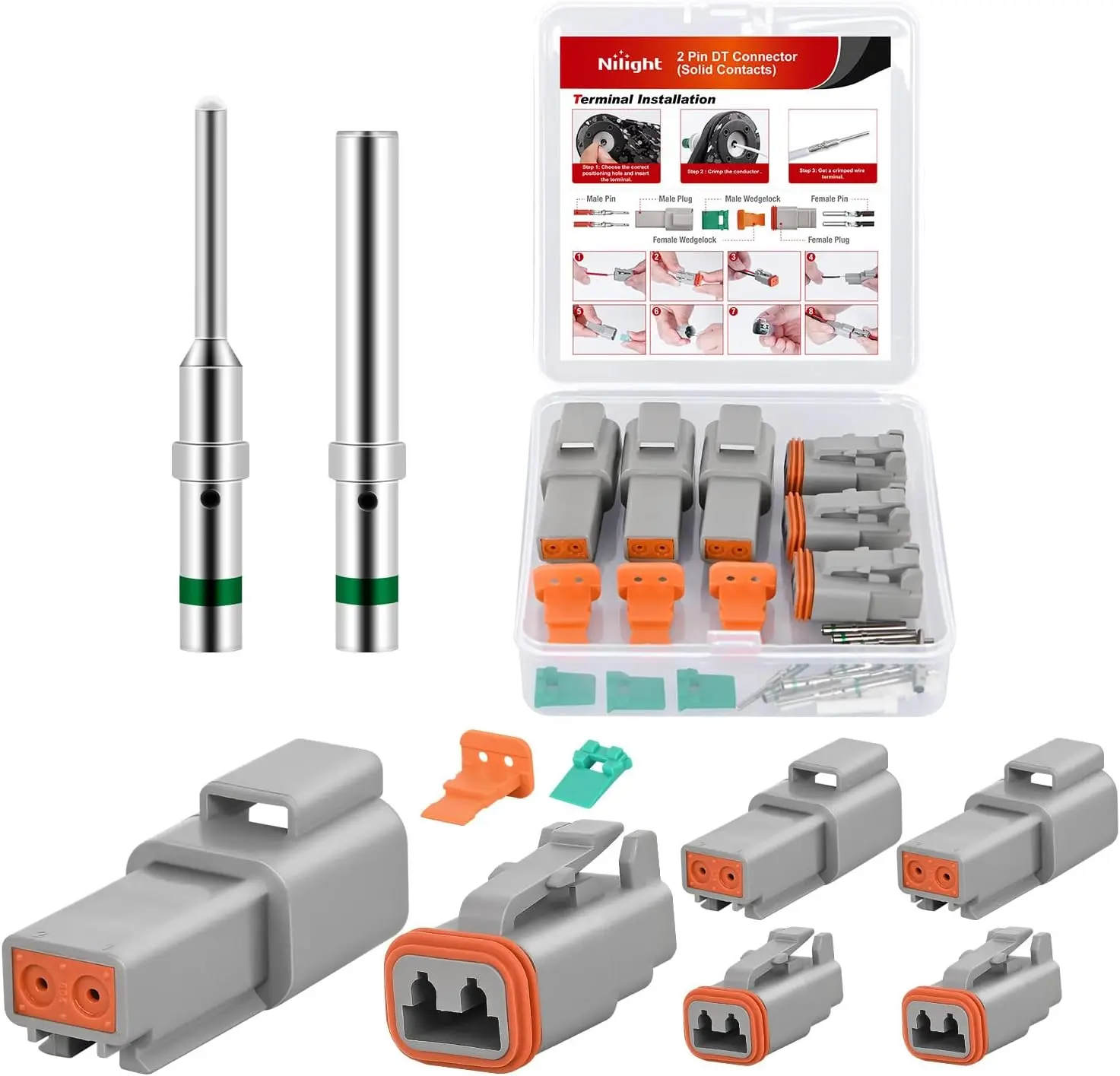 Nilight 2-PIN DT Connector Kit with 2 Pcs Seal Plugs, 6 Pairs Copper Solid Contacts, Waterproof Male-Female Receptacles for 14-20 AWG (13 A) Automotive, Racing Vehicles, Boat (14°F to +176°F)