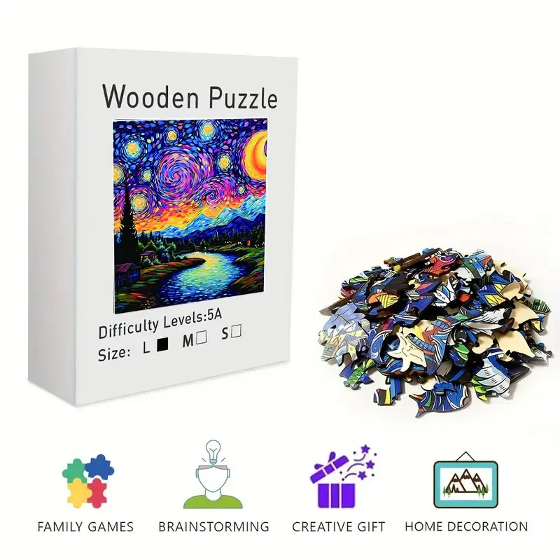 Starry Night Inspired Wooden Jigsaw Puzzle - Adults/Kids Brain Teaser Puzzles, Challenging Irregular Pieces, Vibrant Swirly Sky Landscape, Stress Relief, Framable Wall Art Home Decor