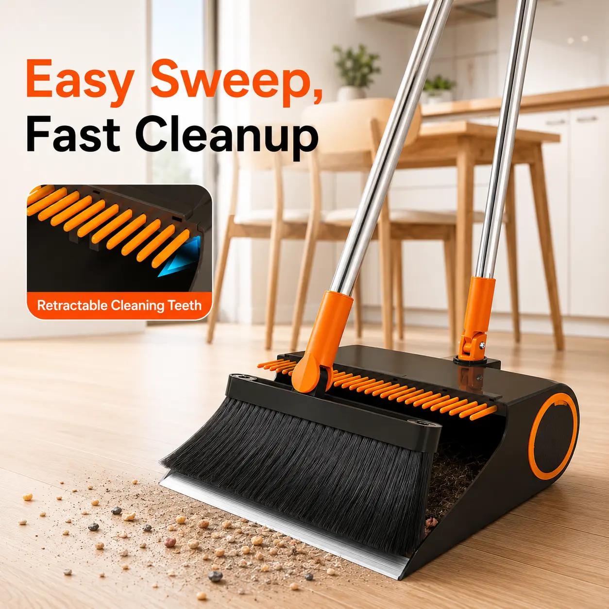 Long Handle Telescopic Broom and Dustpan Set - 180 Rotating Head, Comb Teeth Dustpan, High-Density Multi-Surfaces Sweeper, Stand-Up Foldable for Indoor/Outdoor Home Kitchen Use