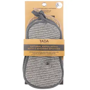 TADA Natural Exfoliating Bath & Shower Sponges (3PK) Charcoal & Light Gray – Eco-Friendly Body Scrubber Loofah for Dead Skin Removal & Smoothing – Premium Bath & Shower Sponge Set for Men Women