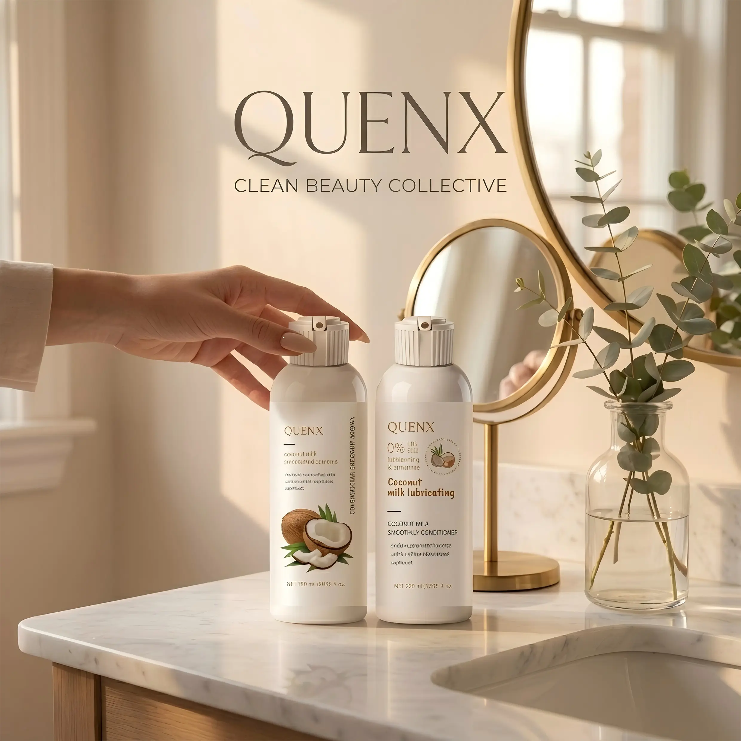 QUENX Coconut Milk Shampoo and Conditioner Set for Frizz Control, Scalp Treatment with Piroctone Olamine, Keratin & Shea Butter Moisturizer for Dry Damaged Hair, 10.8 fl oz x 2, Haircare, Restore, Oil