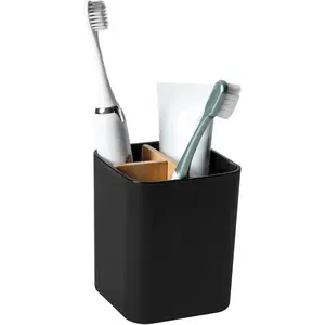 Bamboo Toothbrush Holder 3-Slot Bathroom Counter Organizer for Toothbrushes, Toothpaste, Electric Brushes, Floss & Razors, Black Eco-Friendly Vanity Storage Stand