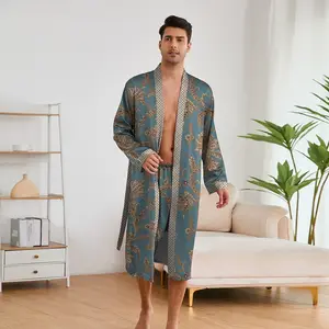 Men's Sleep Robe, Elegant And Light Luxury Pajamas Set, Stylish Gorgeous Floral Print, V-neck Long Sleeve Sleep Robe And Shorts, Sleep Wear Robe Set For Home Wear