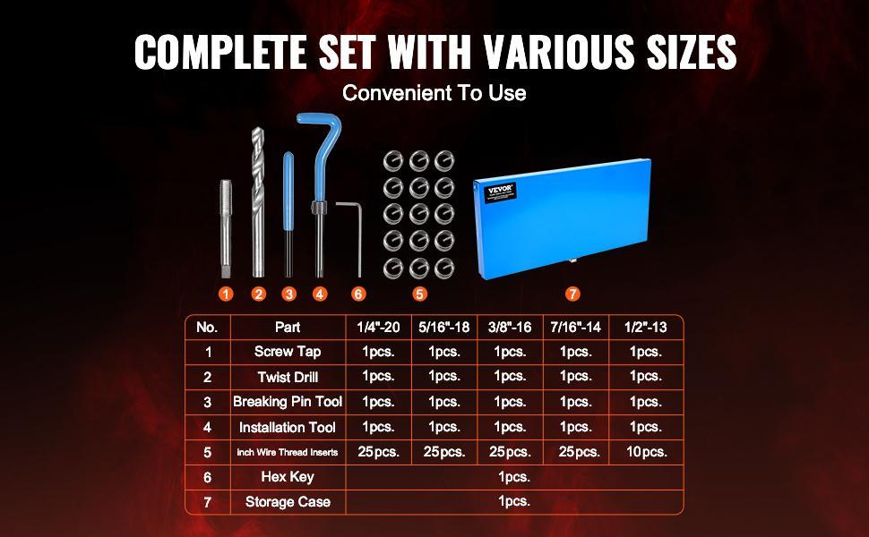 VEVOR 131 PCS Helicoil Thread Repair Kit SAE Tool 1/4 5/16 3/8 7/16 1/2 in UNC,repair tool kit VEVOR 131 PCS Helicoil Thread Repair Kit SAE Tool 1/4 5/16 3/8 7/16 1/2 in UNC,repair tool kit