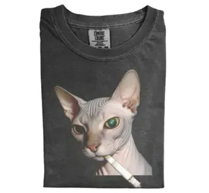 Smoking Sphynx Cat Portrait T-Shirt, Funny Hairless Cat Meme Tee, Dark Humor Animal Graphic Shirt, Gift for Men, Gift for Women, Crew Neck T-shirt, Trending T-shirt