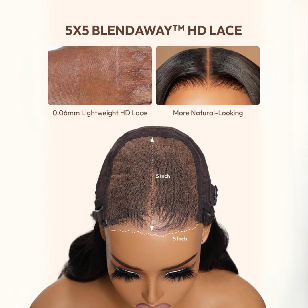 UNice Glueless Body Wave Wig Pre Cut 5x5 HD Lace Closure Human Hair Wigs with Drawstring Pre Plucked Hairliner Friendly for Beginners Natural Scalp