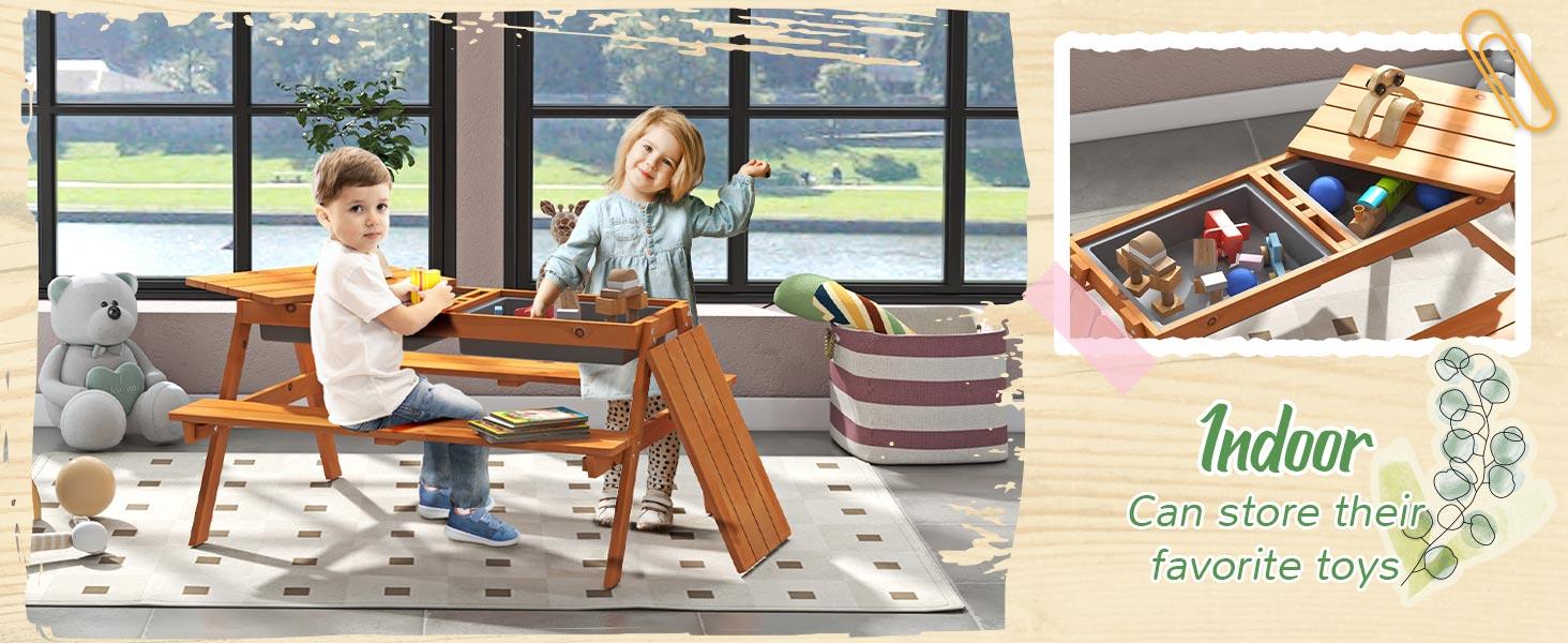 Qaba Kids Picnic Table, Wooden Outdoor Table & Bench Set with Removable Umbrella, Children Sand and Water Activity Table for Patio, Backyard, Gift for Boys Girls, Mixed Color