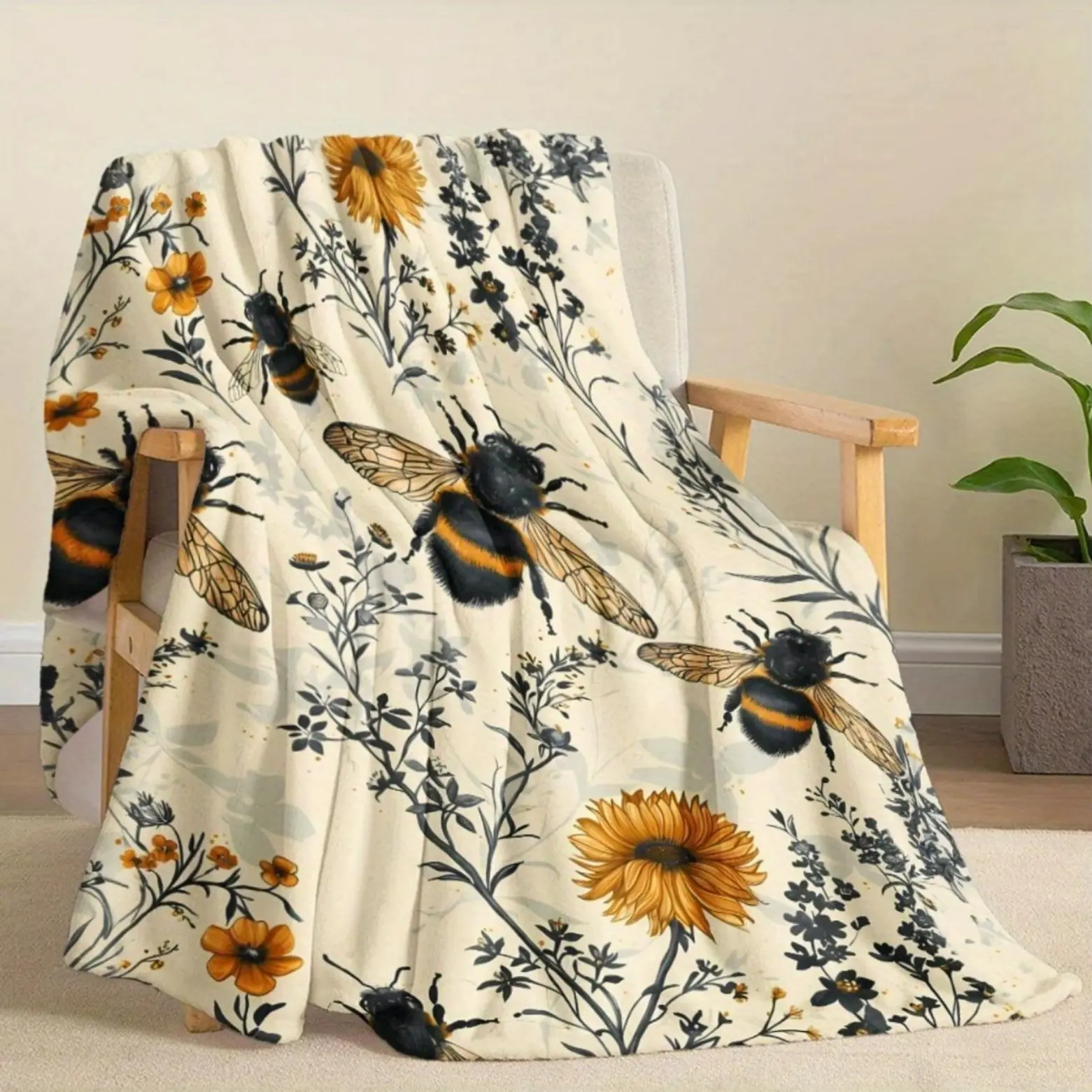 Cute Bee & Wildflower Themed Flannel Knitted Quilted Throw Blanket, Cozy Chic Digital Print Bedding, All-Season Decorative Giftable Blankets for Napping, Camping, Ideal for Friends, Cozy Chic Blanket