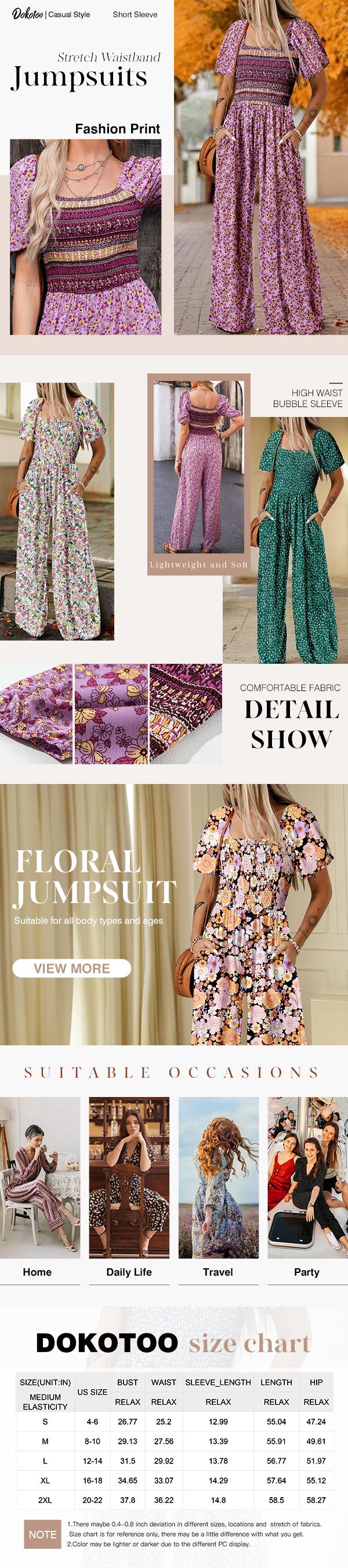 Dokotoo Square Neckline Stretch Waistband Printed Jumpsuit - Womenswear Casual Chic Comfortable Summer Boho