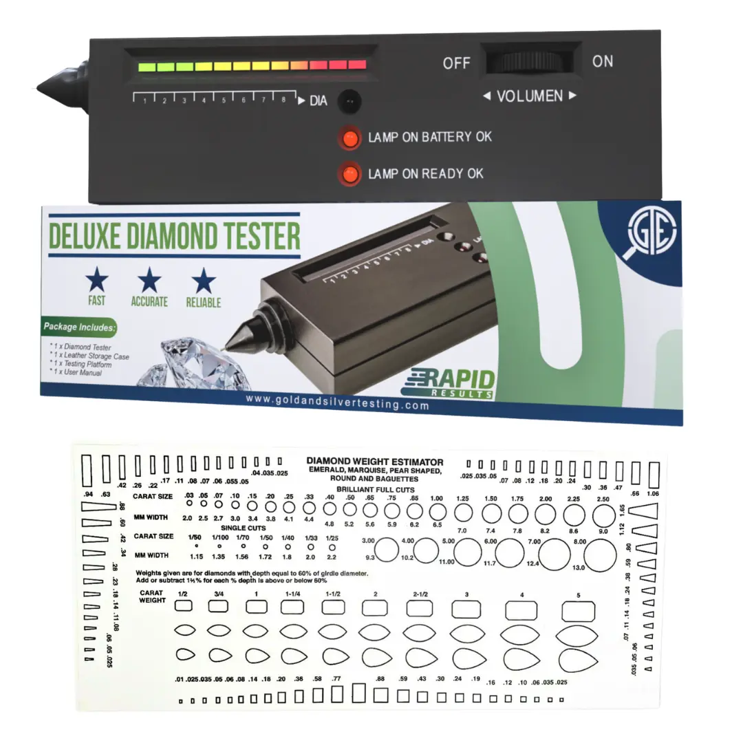 GTE Portable Gold-Silver-Diamond Detector Kit - Digital Electronic Analyzer, Jewelers' Gemstone Measuring Tool with Testing Method, Estimator, Leather Traveling Case & Instruction Booklet, Diamond Tester