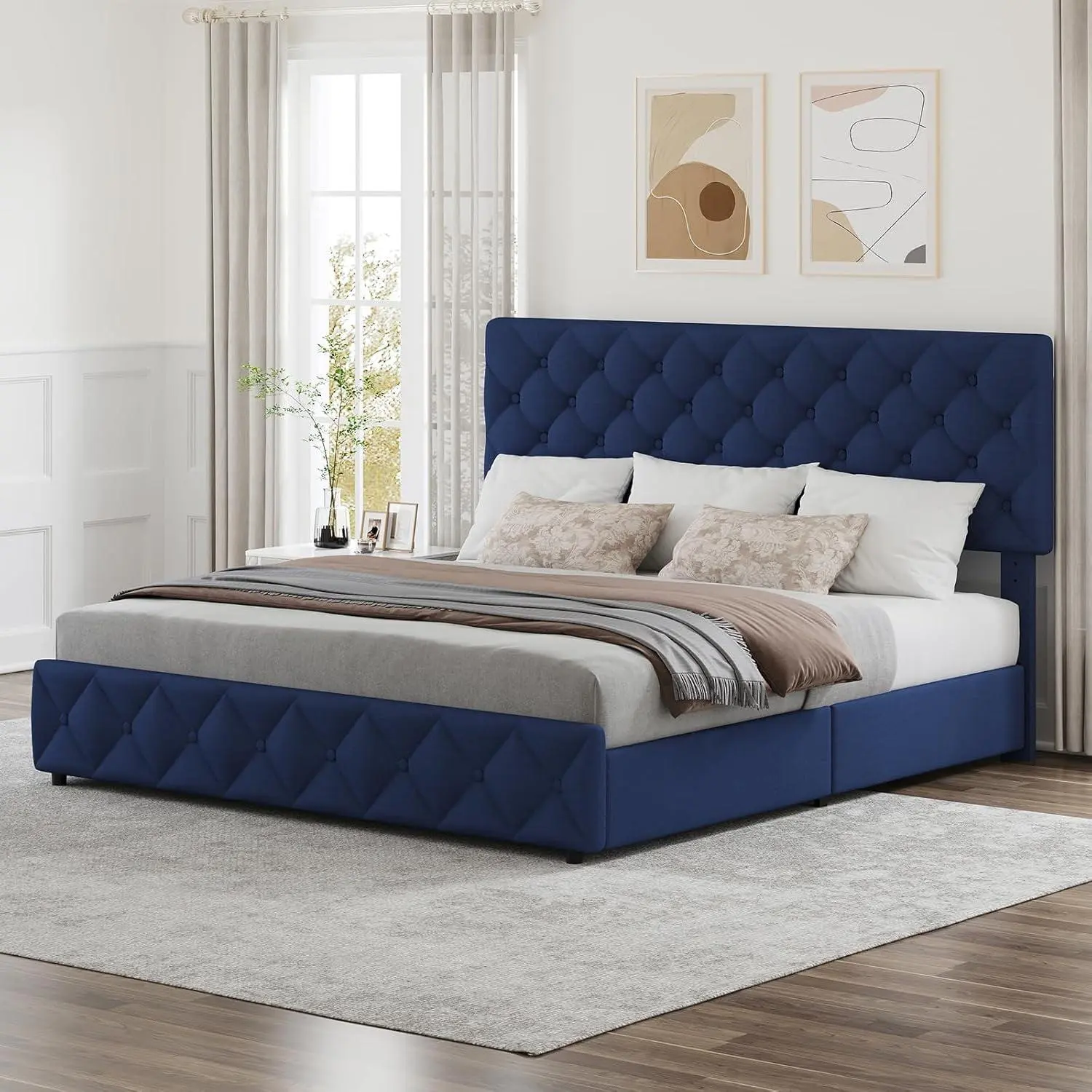 King Size Blue Linen Upholstered Platform Bedframe - 4 Storage Drawers, Adjustable Headboard, Diamond Stitched Button Tufted Design, Wood Slats Support, No Box Spring Needed, EVA Sponge Strips, Fabric Bed Frame