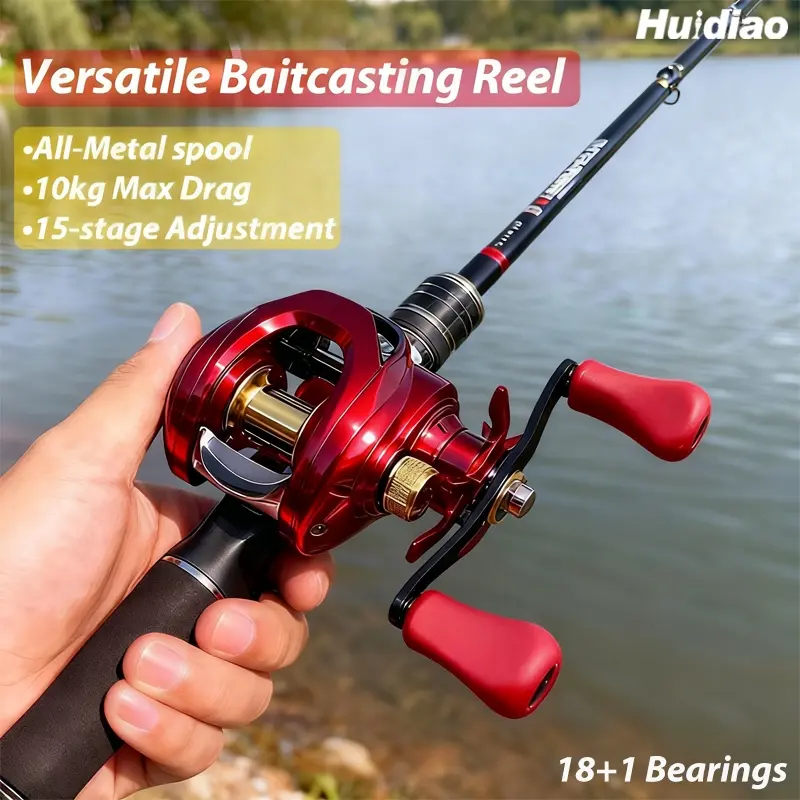Huidiao Anti-Backlash Red Baitcasting Reel, 7.1:1 High Speed ​​Gear Ratio, 10kg/22lb Powerful Drag Low Profile Lure Fishing Reel with Shielded Bearing & N48 Magnetic Brake System, Metal Spool & Handle for Bass, Trout and Pike, Fishing Tackle