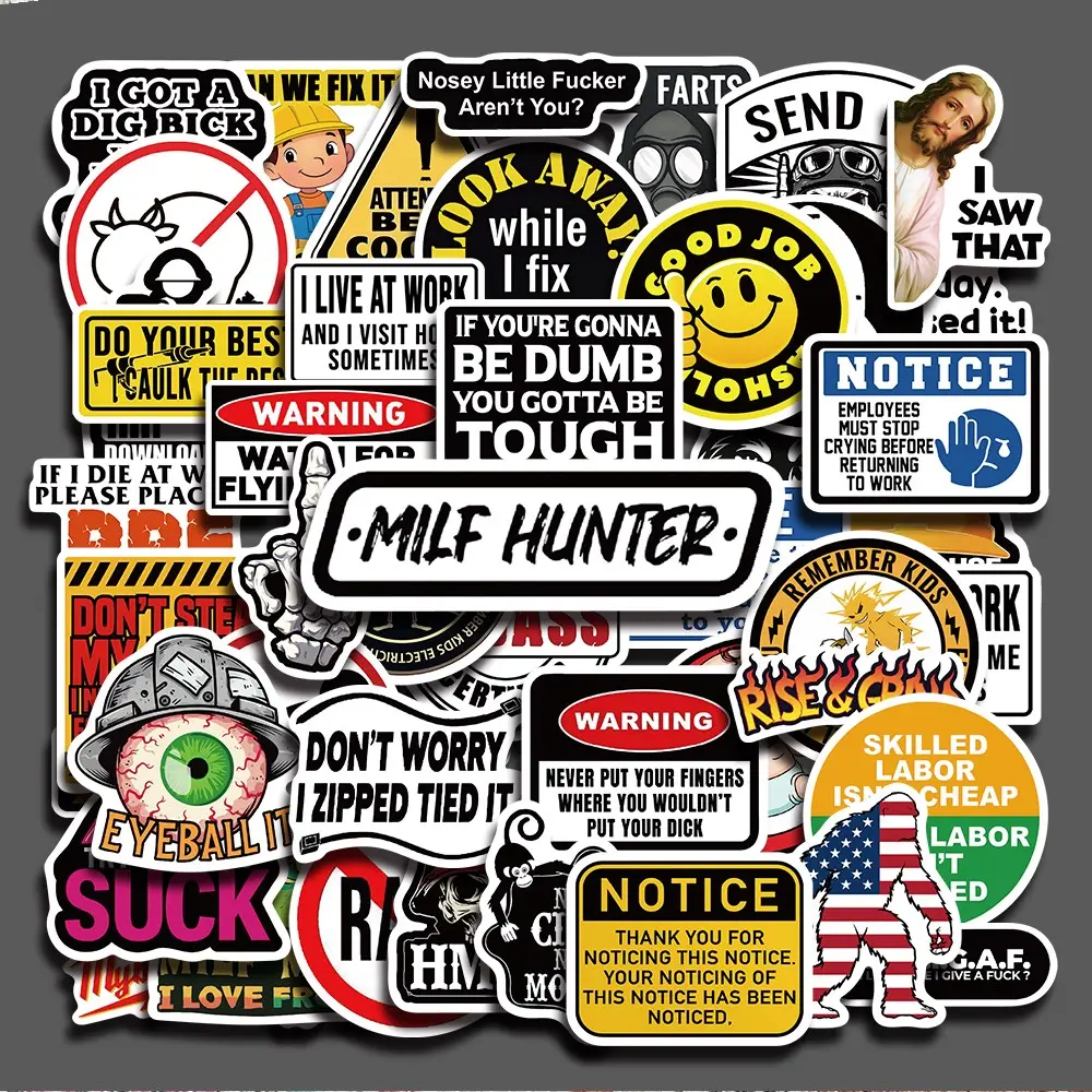 50pcs Funny Hard Hat Meme Aesthetic Stickers Pack, Humorous Safety Helmet Cartoon Vinyl Stickers for Laptop, Water Bottle, Cellphone, Phone Case and DIY Decoration