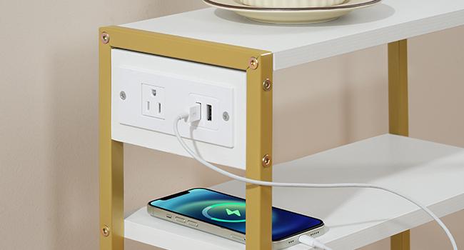 HOOBRO Small Narrow Side Table with Charging Station, Skinny End Table for Small Spaces, Slim Nightstand with USB Ports Outlet, Sofa Beside Table with Storage Shelf