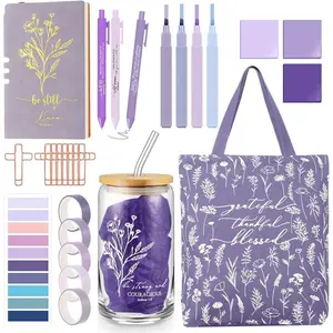 29 Pcs Bible Journaling Kit 16 oz Glass Cup Canvas Bag Leather Notebook Highlighters and Pens Sticky Note Tapes Valentines Gift Bible Study Supplies for Teacher Women Nurse(Boho,Purple)