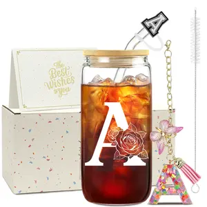 Portable Letter Print Premium Thick Glass Tumblers Set with Lid and Straw - Reusable, Washable, Glass Juice Bottles with Lids and Straws, excellent for Iced Coffee, Cola, Milk Tea, Smoothies & Cocktails, Practical Gift Set