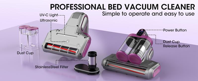 Cordless Mattress Vacuum Cleaner, 16Kpa Cordless Bed Handheld Vacuum,  vacuum  cleaner with 253.7nm UV-C Light, HEPA Filter & Ultrasonic, Versatile Portable Vacuums for Bed, Sofa, Couch, Crib