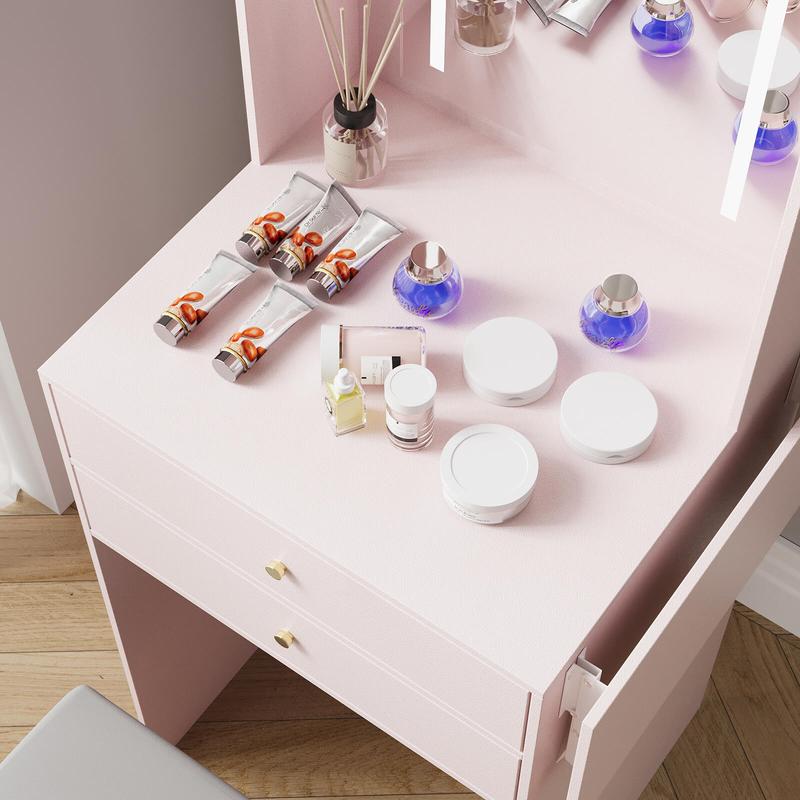 Small Vanity Desk Set with 3 Adjustable Lighted Mirror and Storage Chair IF018