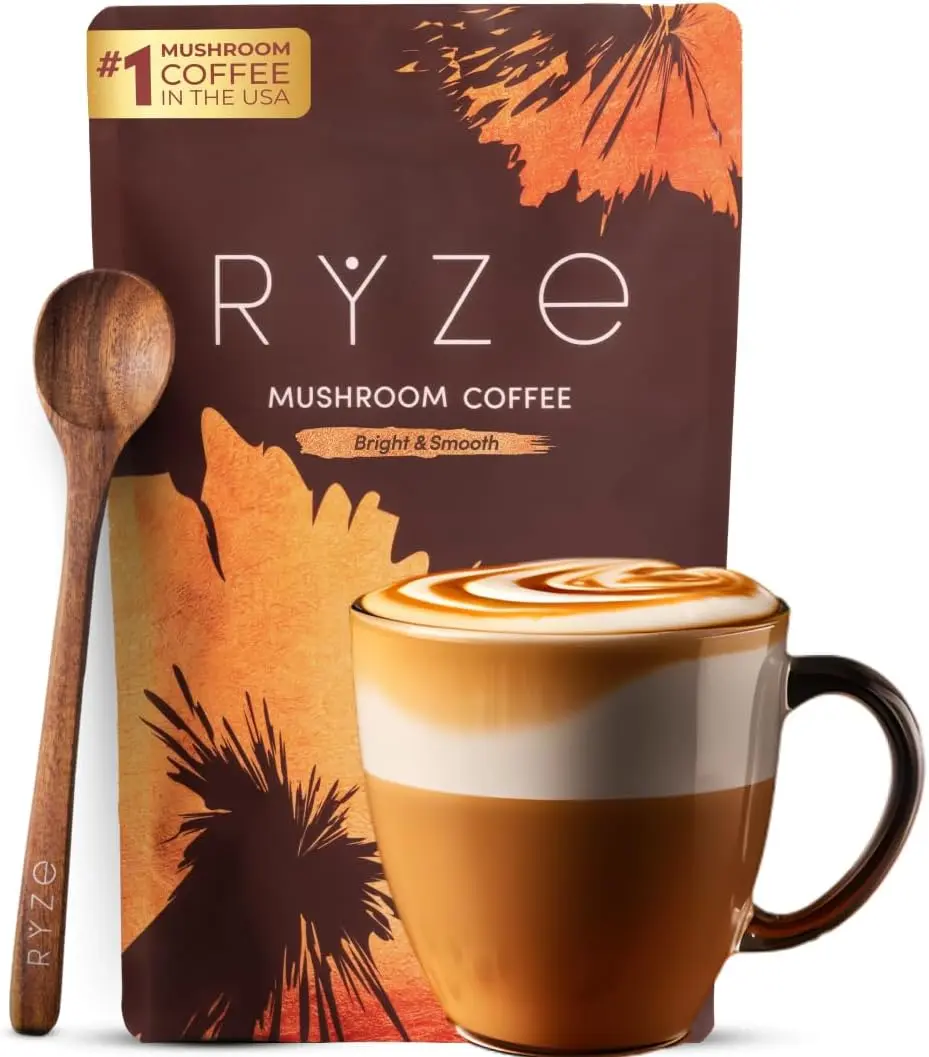 RYZE SUPERFOODS Organic Mushroom Coffee Powder - USDA Organic Medium Roast, USA-Grown Instant Healthy Focus Beverage for Adults, Vegetarian, Gluten-Free, Dairy-Free, 6 Adaptogenic Mushrooms, Acacia Fiber, No Additives, 30 Servings