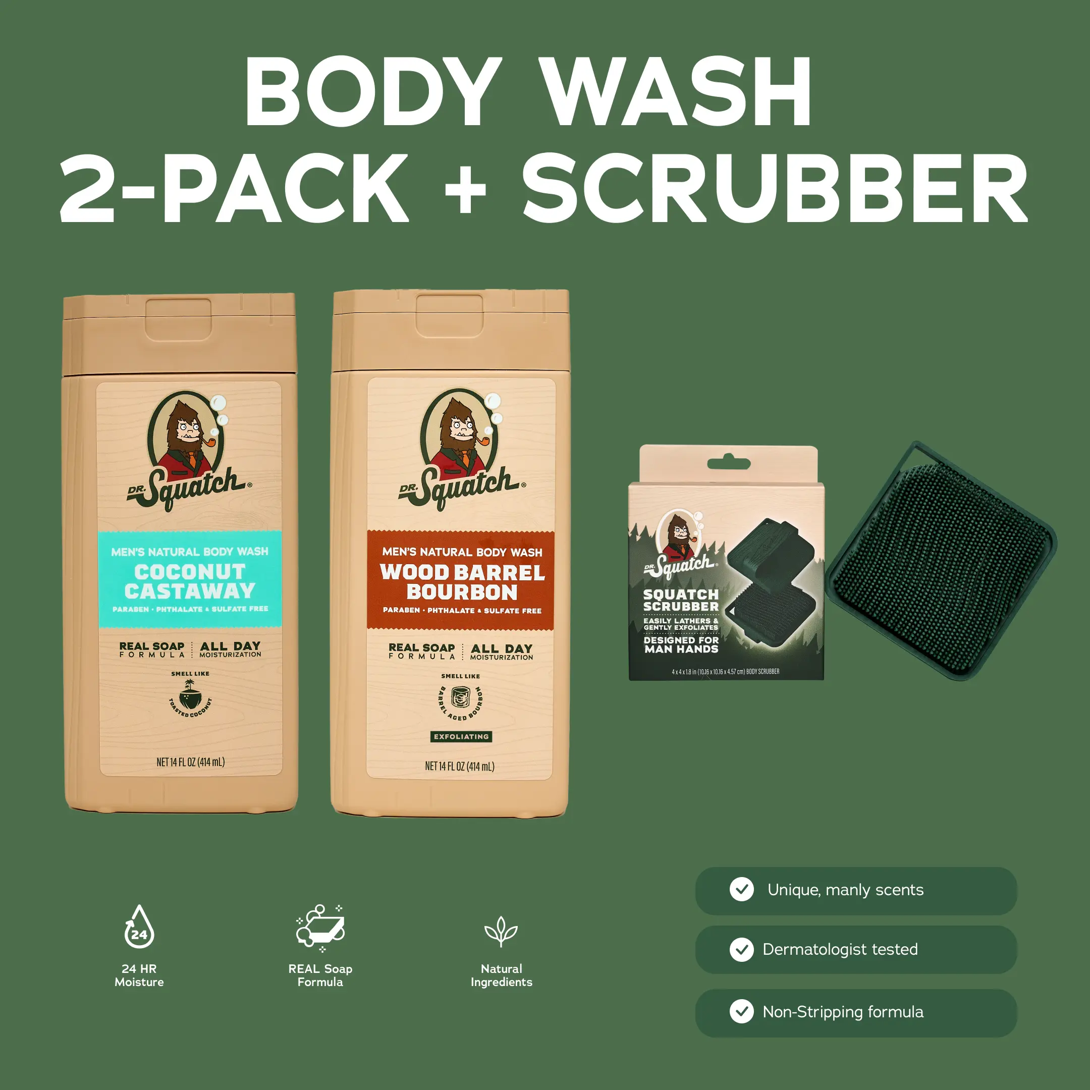 Natural Body Wash 2-Pack + Scrubber - Dr. Squatch | Mens Gifts | Gifts for Him