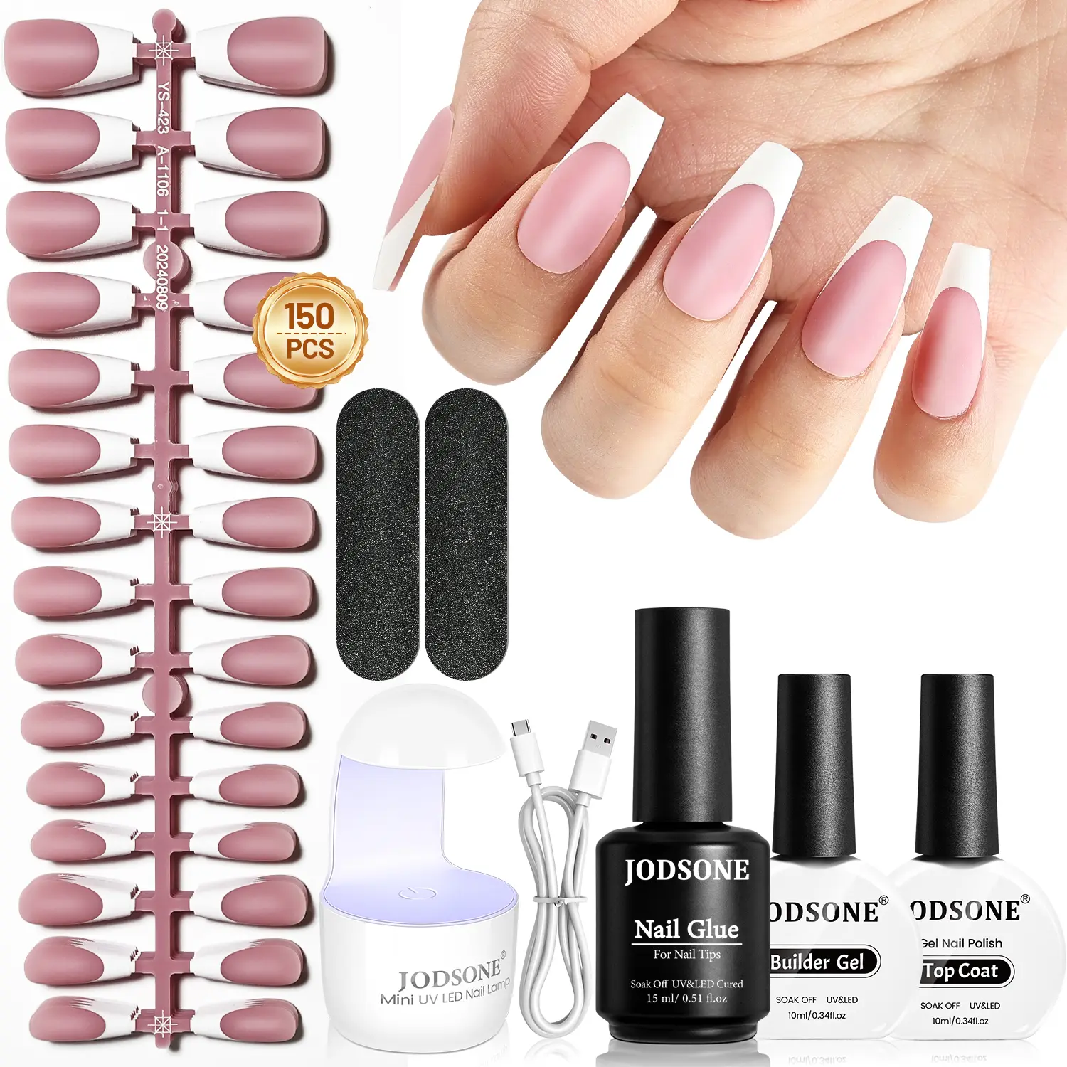 JODSONE 154PCS French Gel Nail Tips Kit French Tip Press on Nails Soft Fack Nail Tips Gel Nail Glue,Builder Gel,Top Coat,Nail Lamp All Included for Nail Art Easy DIY